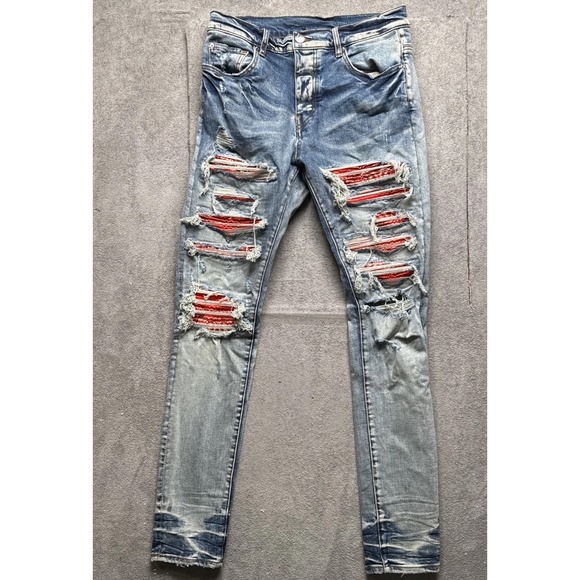 Amiri Womens Thrasher Bandana Jeans Size 32 Ripped Raw Hem‎ Punk Moto Fit Y2k - Picture 2 of 13